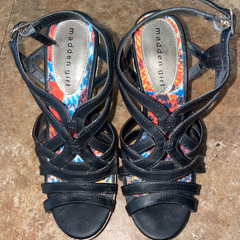 Brand New platform high heeled wedge strappy sandal. Black Madden Girl 6.5